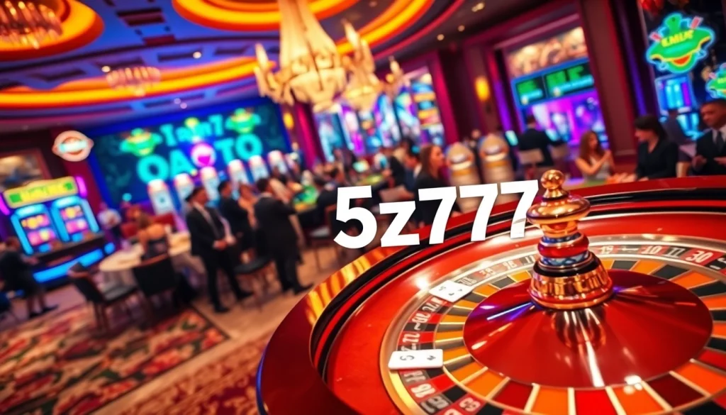 Exciting scene of a busy casino floor featuring 5z777 roulette and blackjack tables with players engaging in high-stakes betting.